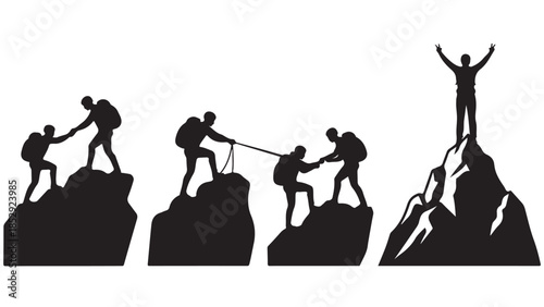 Helping Friend Reach the Mountain Top Silhouette Teamwork, Together, Success, Victory, Goal, Achievement, and Leadership Illustration Concept