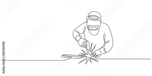 Continuous line drawing of the technician is welding isolated on transparent background