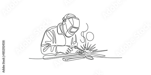 Continuous line drawing of the technician is welding isolated on transparent background