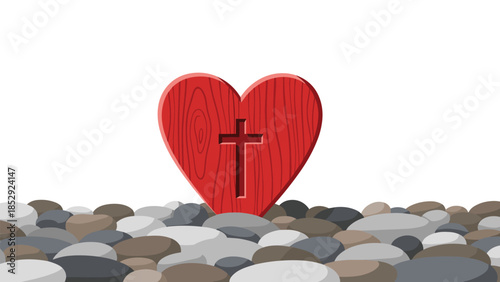 Wooden red heart with a beautifully carved cross, standing prominently on a vast field of smooth river stones, symbolizing enduring faith, love, and spiritual strength.