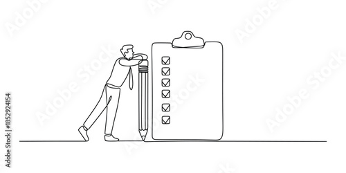 Continuous one line drawing of a businessman leaning on a giant pencil next to a checklist isolated on transparent background.