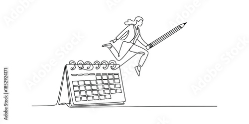 Continuous one line drawing of businesswoman using pencil pole vault jumping over calendar concept of flexible work, isolated on transparent background.