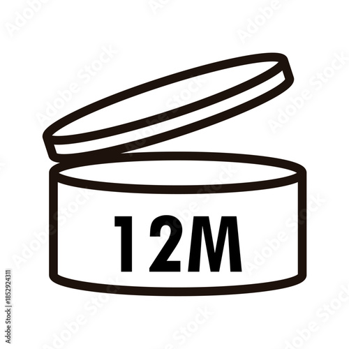 PAO label, Period After Opening PAO label, symbol, icon logo. Cosmetic open period month 1M, 2M, 3M, 4M, 5M, 6M, 7M, 8M, 9M, 10M, 12M, 18M, 24M, 36M, 48M. Cream eu pack label for product packaging