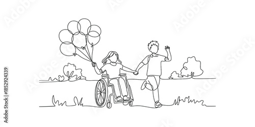 Continuous one line drawing of Happy disabled girl with balloons and healthy boy run outdoor, isolated on transparent background.