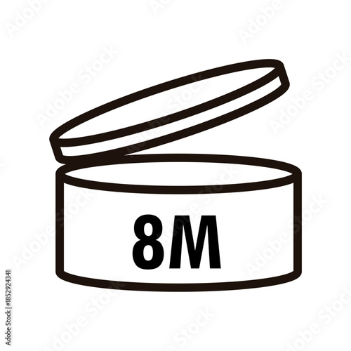 PAO label, Period After Opening PAO label, symbol, icon logo. Cosmetic open period month 1M, 2M, 3M, 4M, 5M, 6M, 7M, 8M, 9M, 10M, 12M, 18M, 24M, 36M, 48M. Cream eu pack label for product packaging