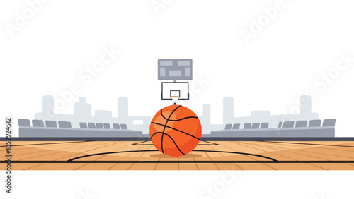 Classic basketball rests prominently on a polished wooden court inside a large arena, with the hoop and empty grandstands visible, ready for a game.