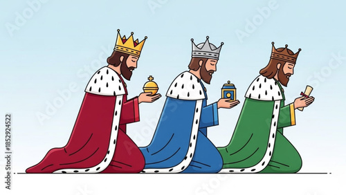 Three Wise Men kneeling with gifts a traditional Nativity scene illustration in flat design style representing Christmas and the Epiphany