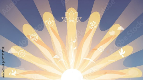 Radiant sunburst with spiritual symbols and peace icons representing harmony and enlightenment ideal for wellness and meditation themes