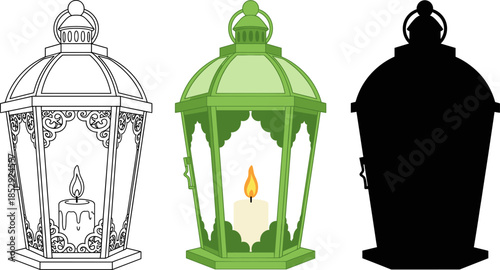 Green Decorative Lantern with Burning Candle Vector Icon Set