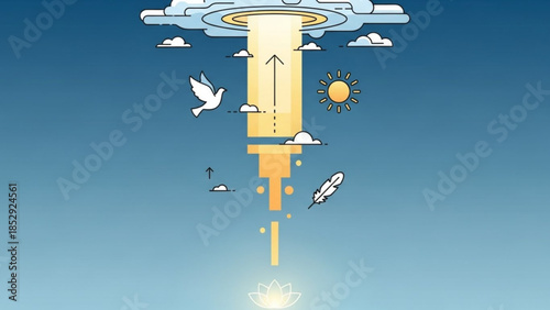 Abstract beam of light descending from a cloud formation symbolizing hope and spirituality with a dove and feather elements vector illustration