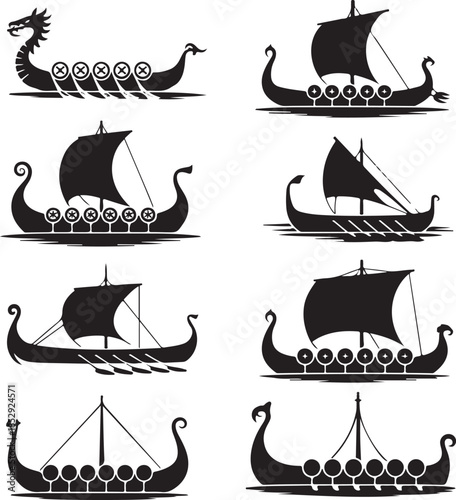 Collection of eight viking longship silhouette illustrations