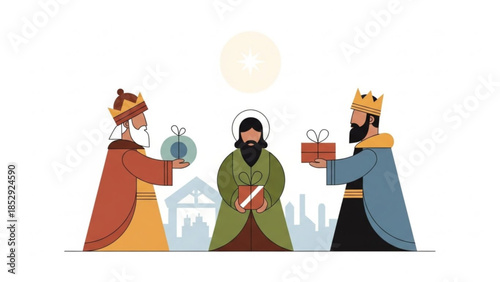 Three Wise Men offering gifts to baby Jesus in a stable flat vector illustration for Christmas and Epiphany concepts