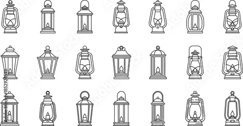 Large Collection of Traditional Gas Lanterns and Lamp Line Icons