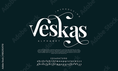 Luxury wedding alphabet letters font with tails. Typography elegant classic serif fonts and number decorative vintage retro concept for logo branding. vector illustration