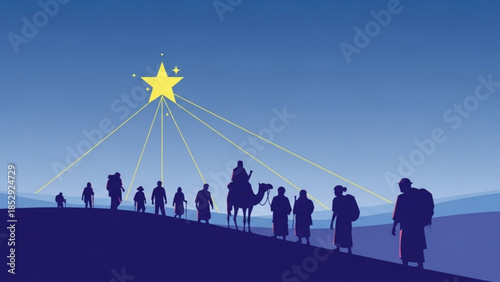 Silhouetted travelers following a bright star across a desert landscape representing a journey or a guiding light vector illustration