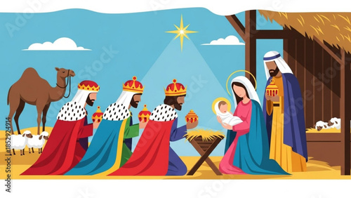 Nativity scene with the Three Wise Men Mary Joseph baby Jesus and a camel flat illustration for Christmas and religious concepts