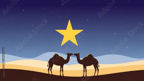 Two camels silhouetted against a starry night sky with a large golden star desert landscape with rolling dunes vector illustration for Christmas or nativity themes