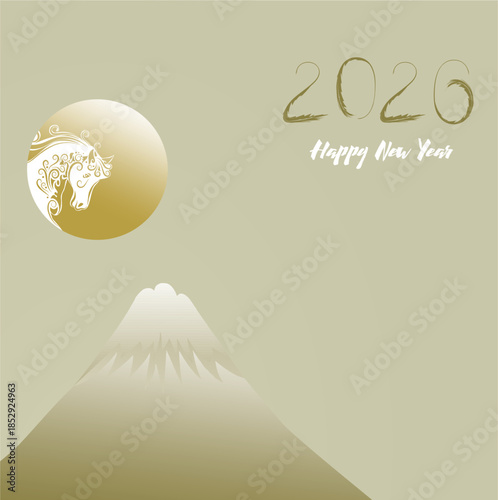 New Year's Card Template, New Year of the Horse with Mount Fuji and Sunrise