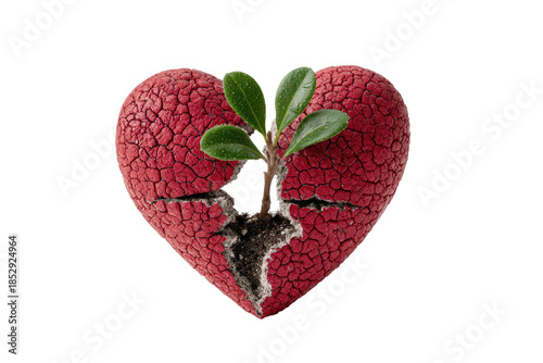 Cracked, red heart with a small plant growing out of it, symbolizing healing and rebirth