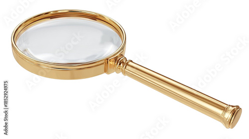 Golden magnifying glass search inspection tool luxury metal handle macro studio object close-up isolated on white background