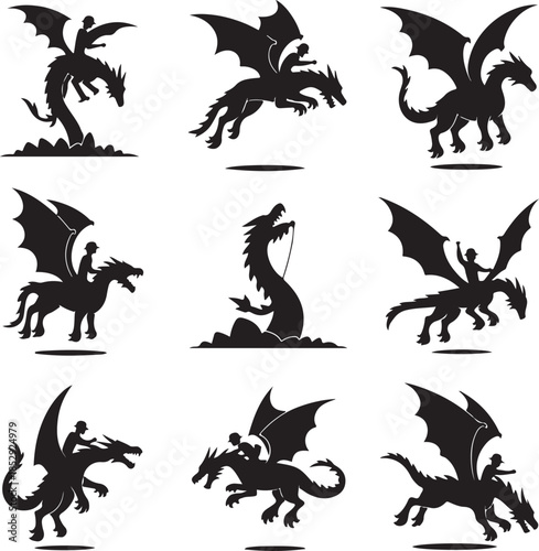 Set of silhouette dragons in various flying and resting poses illustrated in black on white background