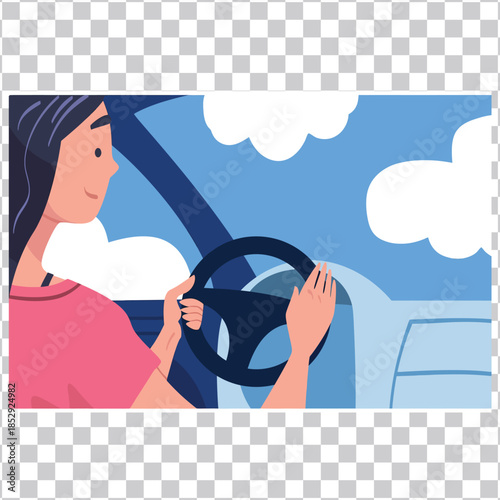 Woman driving a car on a sunny day with clouds in the sky, enjoying the journey with her hands on the steering wheel