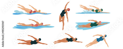 Set of Woman Swimmers Doing Swimming in Various Poses Isolated on Transparent Background Vector Illustration Professional Athletes in Swimming Pool