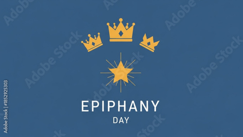 Three golden crowns and a shining star above the text Epiphany Day a religious holiday symbol for celebration and faith isolated on a blue background
