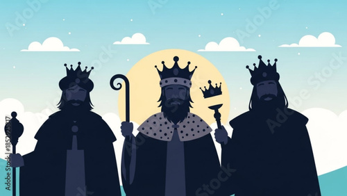 Three Wise Men silhouettes with crowns and staffs representing the Epiphany a religious concept for Christmas and holiday illustrations