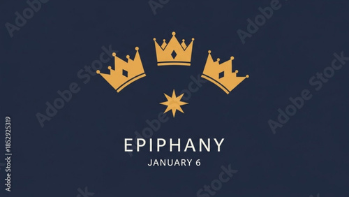 Three golden crowns and star symbol for Epiphany holiday January 6th elegant vector illustration on dark blue background