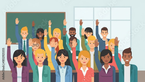 Diverse group of students raising hands in a classroom concept of education participation and learning flat vector illustration
