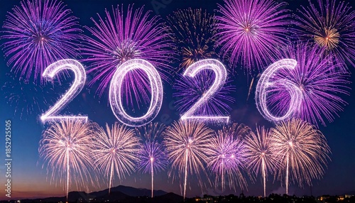 Silvester 2026 – Panorama mit violettem Feuerwerk am Nachthimmel