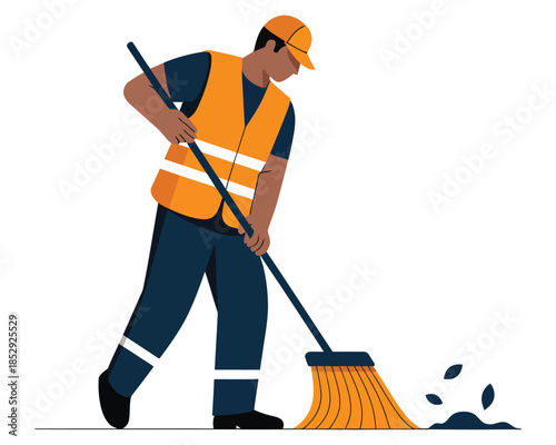 Street sweeper worker illustration wearing safety vest and sweeping ground for cleaning road maintenance and hygiene isolated in transparent background