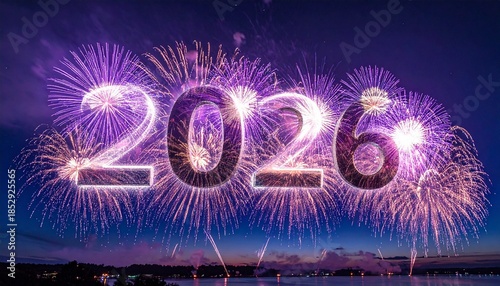 Silvester 2026 – Panorama mit violettem Feuerwerk am Nachthimmel