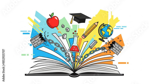 Open book with exploding educational elements representing knowledge and learning perfect for academic or science concepts