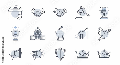 Set of political and governmental icons in a modern line art style.