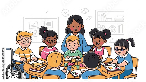 Diverse group of children and teacher in a classroom engaged in learning activities around a circular table representing education and inclusivity