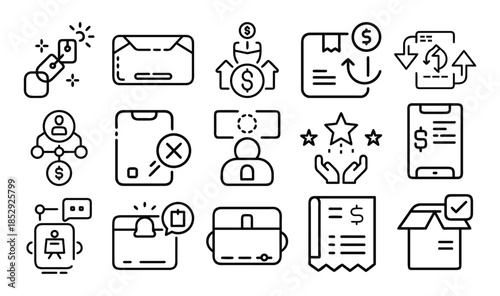 Collection of various business and finance icons in a simple line style