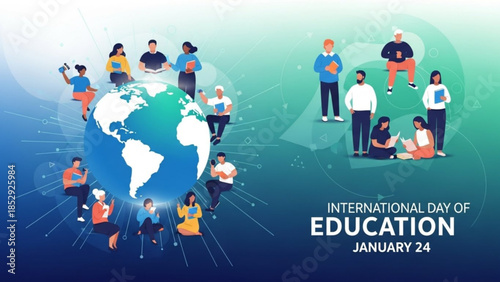 Diverse group of people learning and connecting around the globe celebrating International Day of Education concept for knowledge and global unity