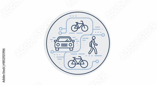 Transportation options - car, bicycle, and pedestrian in a circular design.