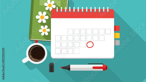 A vibrant flat-lay illustration of a teal workspace featuring a floral journal, coffee, and a calendar with a red-circled date, all defined by clean lines and dramatic long shadows