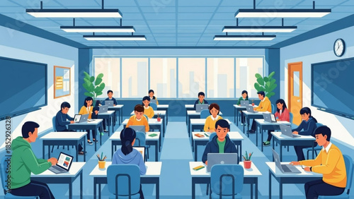 Students learning with laptops in a modern classroom digital education concept flat vector illustration for online courses and e-learning