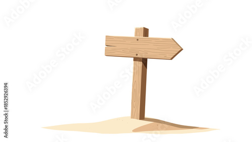A rustic wooden arrow sign pointing towards the right stands firmly in a small pile of sand, offering a clear directional indication.