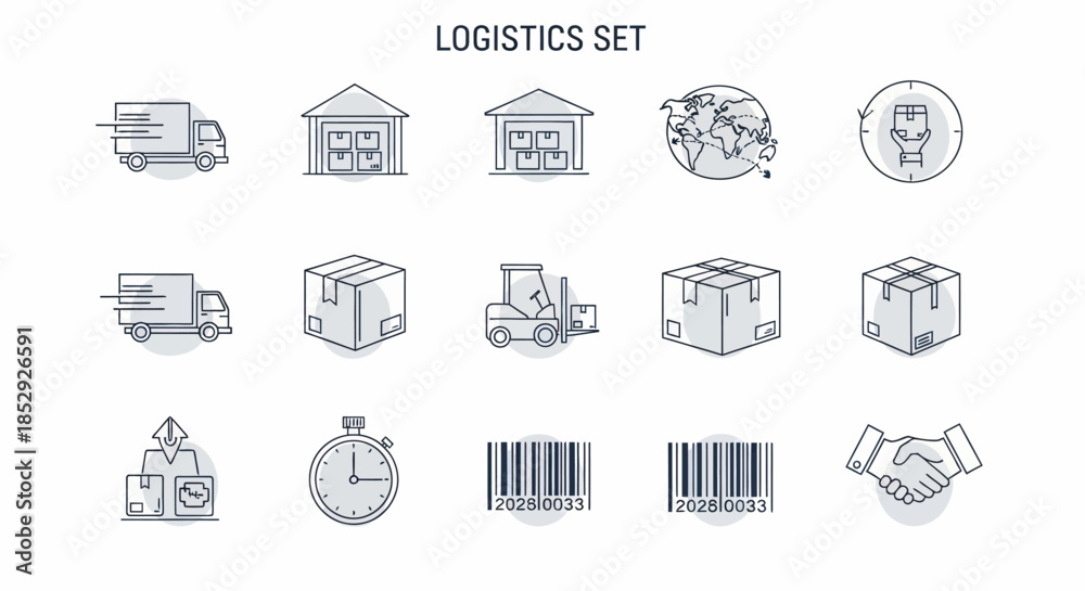 Fototapeta premium Logistics and Delivery Service Icons Set for Global Shipping and Warehouse Operations.