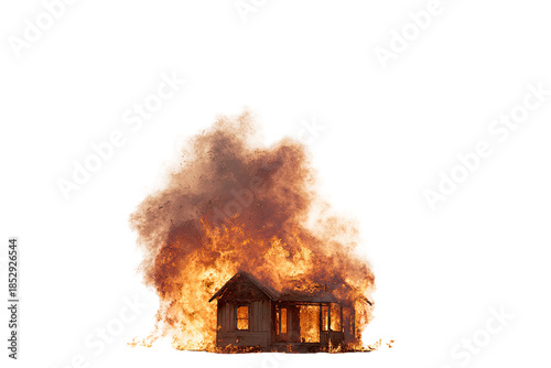 A small house engulfed in flames and smoke against a stark black background