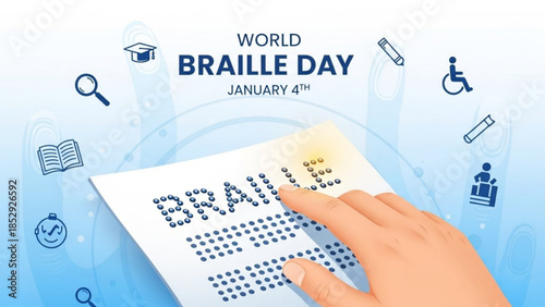 World Braille Day illustration hand reading braille text on paper with educational and accessibility icons concept for awareness and inclusion