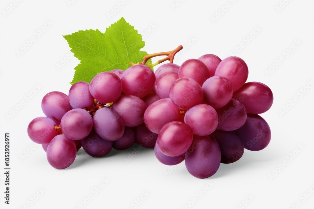 Fototapeta premium Ripe red grapes with a green leaf, creating a vibrant and healthy image