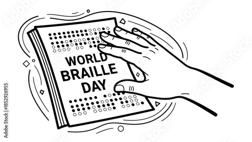 Hand reading a book with World Braille Day text representing literacy and accessibility for the visually impaired isolated on white background