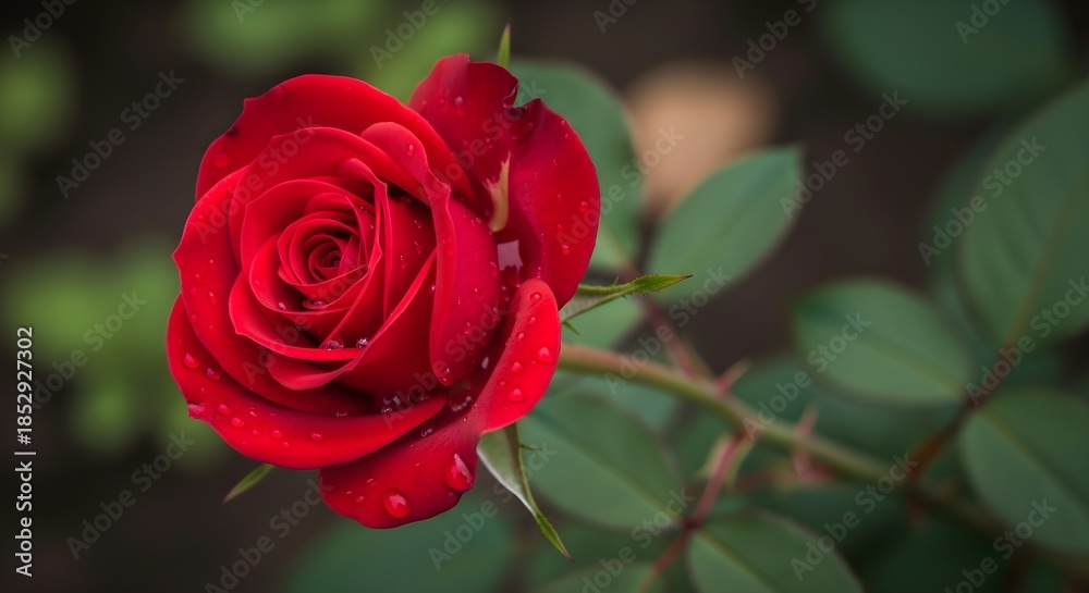 Naklejka premium Vibrant Red Rose Blooming with Dewdrops, Close-Up Floral Photography, Romantic Valentine's Day Symbol, Macro Shot, Soft Lighting, High Resolution