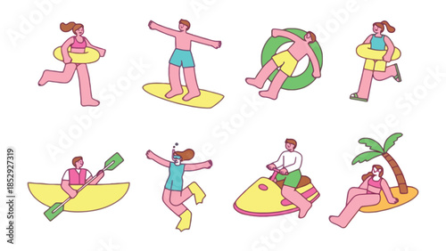 People enjoying various summer activities and water sports on a white background.